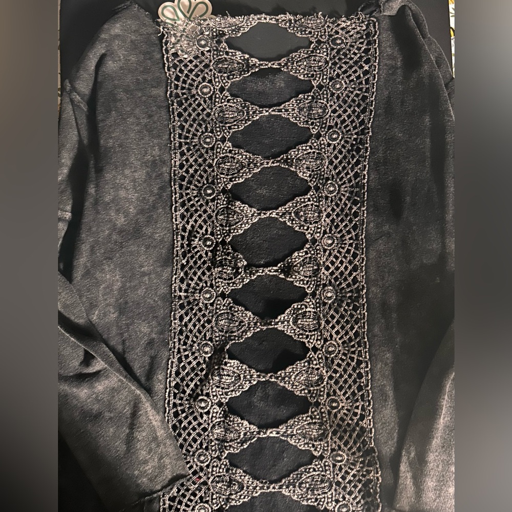 POL Charcoal Mineral Wash Crochet Lace Back Sweatshirt Boho Small With Tag